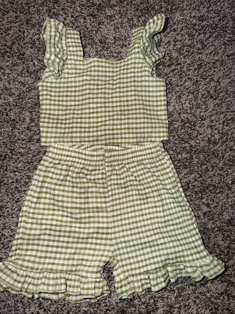 SHEIN Green Gingham Ruffle-Hem Kids Shorts